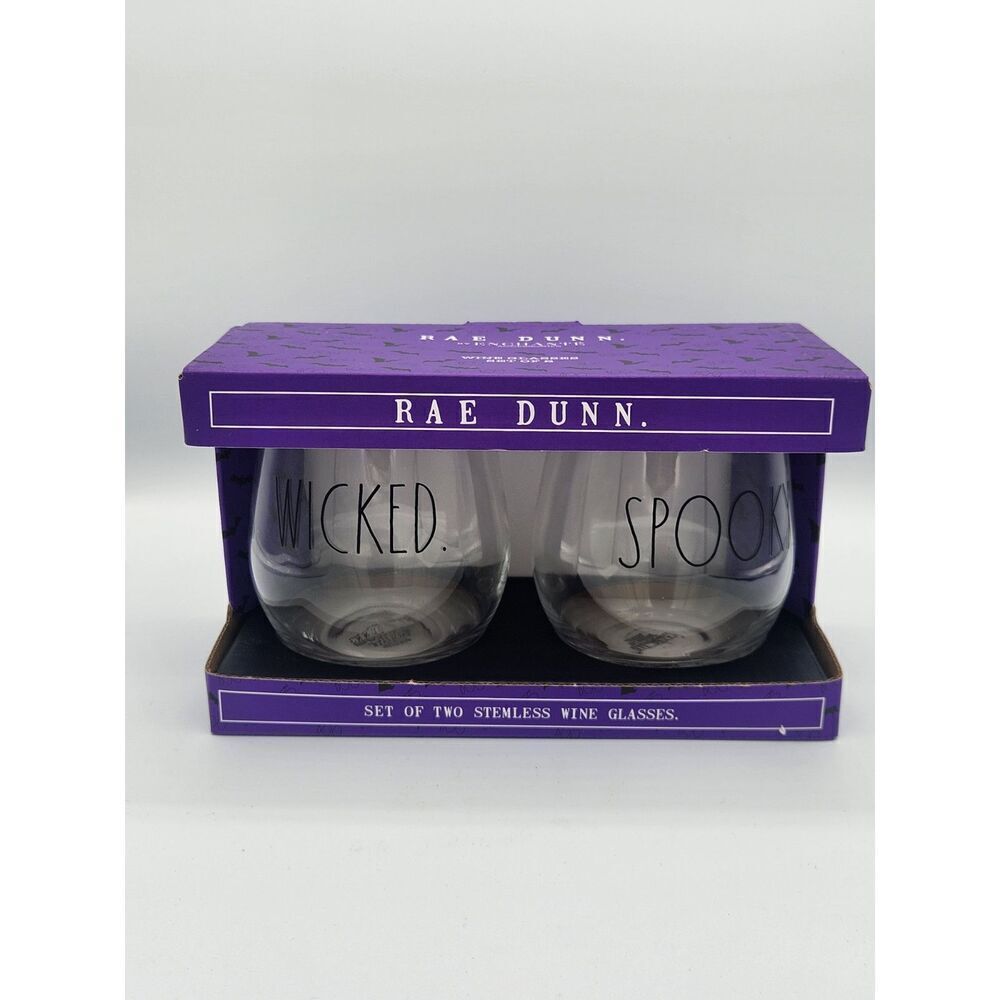 RAE DUNN Halloween Clear Stemless Wine Glasses WICKED and SPOOKY